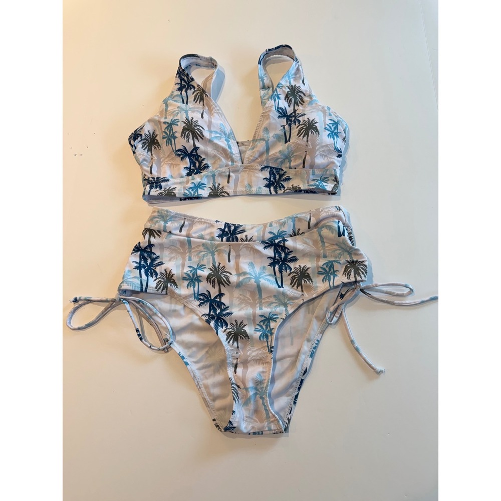 Unbranded Palm‎ Tree Print High Waisted Bikini Set Blue White Small